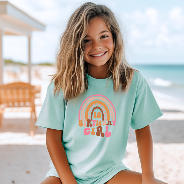 10th Birthday Girl Ten Year Old - Dusky Pink Rainbow Kids DTF Transfer - Gift Do it Yourself Iron On Heat Press Shirt Any Material Long Lasting Full Colour