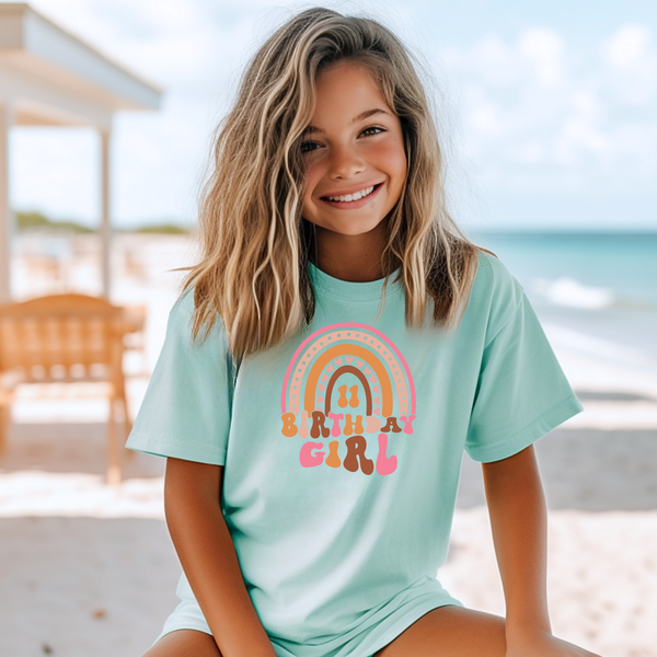 11th Birthday Girl Eleven Year Old - Dusky Pink Rainbow Kids DTF Transfer - Gift Do it Yourself Iron On Heat Press Shirt Any Material Long Lasting Full Colour