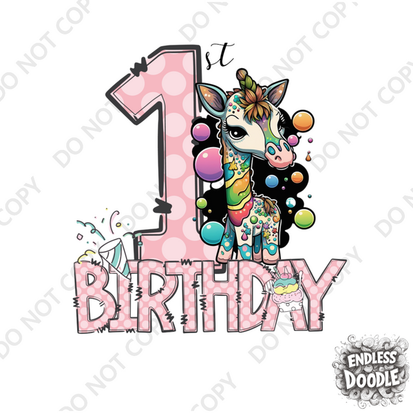 1st Birthday Girl One Year Old - Giraffe Kids DTF Transfer - Gift Do it Yourself Iron On Heat Press Shirt Any Material Long Lasting Full Colour