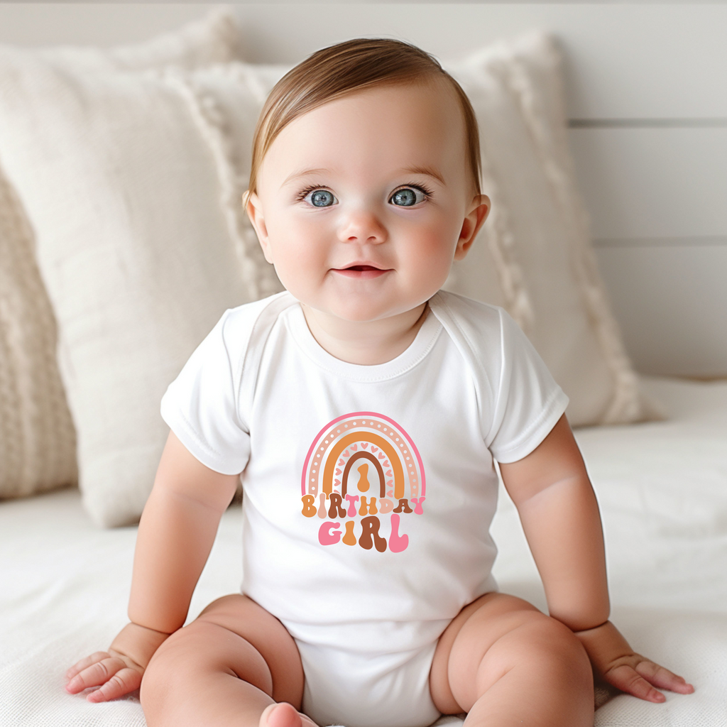 1st Birthday Girl One Year Old - Dusky Pink Rainbow Kids DTF Transfer - Gift Do it Yourself Iron On Heat Press Shirt Any Material Long Lasting Full Colour