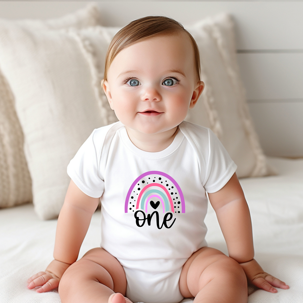 1st Birthday Girl  One Year Old -Rainbow Pink Purple Kids DTF Transfer - Gift Do it Yourself Iron On Heat Press Shirt Any Material Long Lasting Full Colour