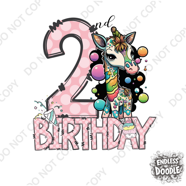 2nd Birthday Girl Two Year Old - Giraffe Kids DTF Transfer - Gift Do it Yourself Iron On Heat Press Shirt Any Material Long Lasting Full Colour