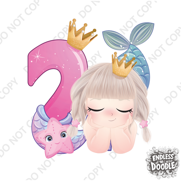 2nd  Birthday Girl Two Year Old - Mermaid Kids DTF Transfer - Gift Do it Yourself Iron On Heat Press Shirt Any Material Long Lasting Full Colour