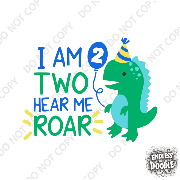 2nd Birthday Boy Two Year Old - Dino Roar Kids DTF Transfer - Gift Do it Yourself Iron On Heat Press Shirt Any Material Long Lasting Full Colour