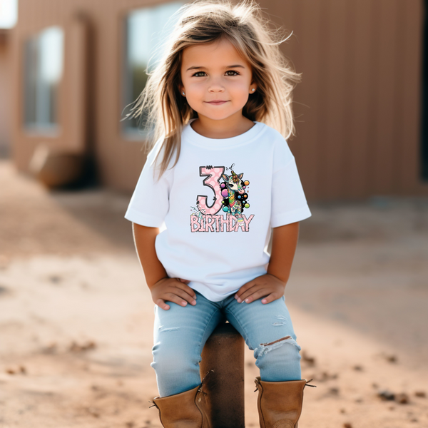 3rd Birthday Girl Three Year Old - Giraffe Kids DTF Transfer - Gift Do it Yourself Iron On Heat Press Shirt Any Material Long Lasting Full Colour