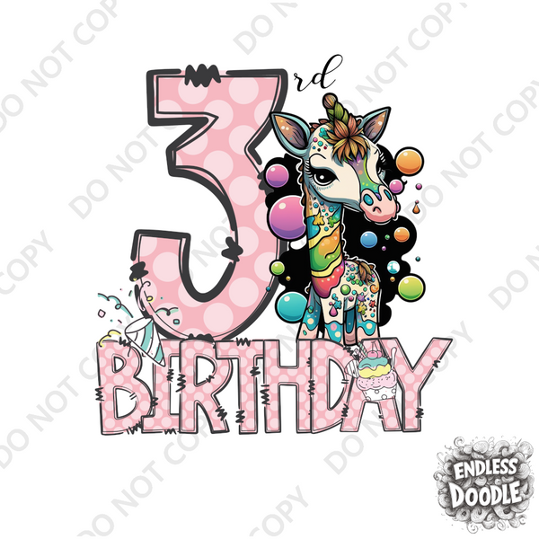 3rd Birthday Girl Three Year Old - Giraffe Kids DTF Transfer - Gift Do it Yourself Iron On Heat Press Shirt Any Material Long Lasting Full Colour