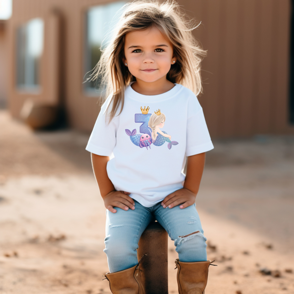 3th Birthday Girl Three Year Old - Mermaid Kids DTF Transfer - Gift Do it Yourself Iron On Heat Press Shirt Any Material Long Lasting Full Colour
