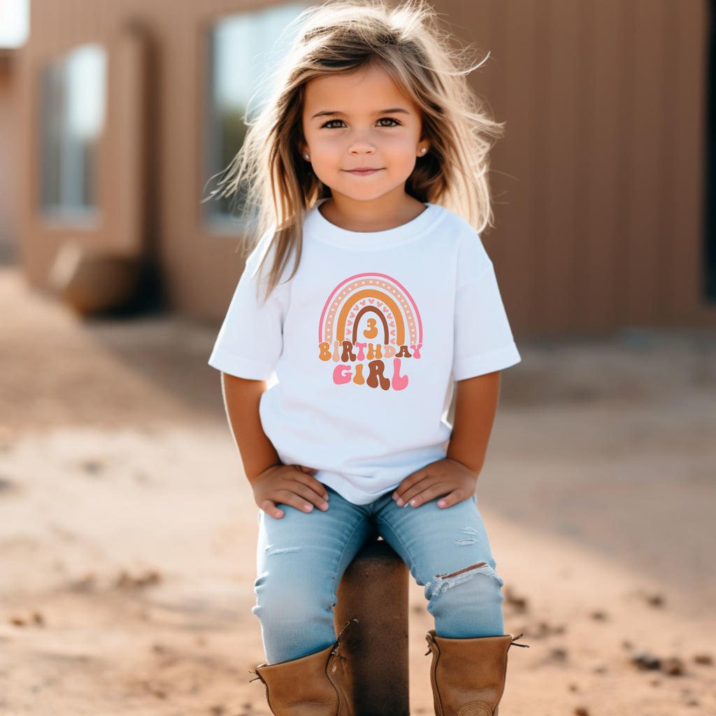 3rd Birthday Girl Three Year Old - Dusky Pink Rainbow Kids DTF Transfer - Gift Do it Yourself Iron On Heat Press Shirt Any Material Long Lasting Full Colour