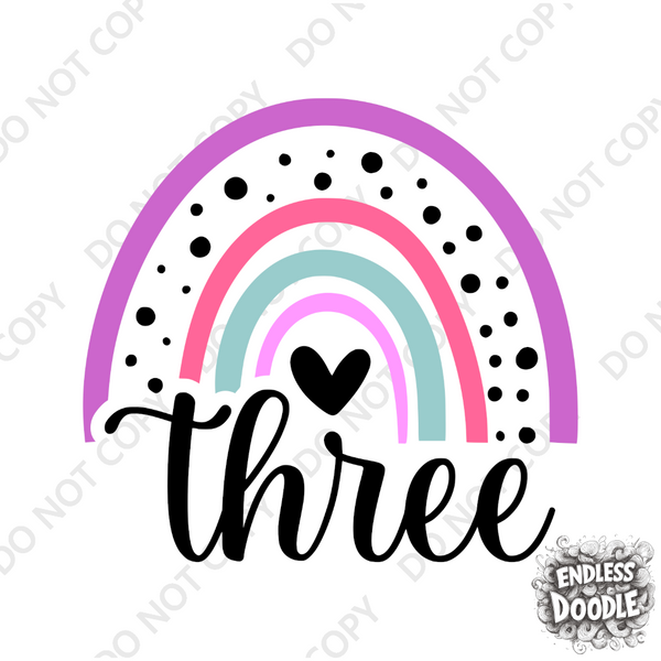 3rd Birthday Girl Three Year Old -Rainbow Pink Purple Kids DTF Transfer - Gift Do it Yourself Iron On Heat Press Shirt Any Material Long Lasting Full Colour
