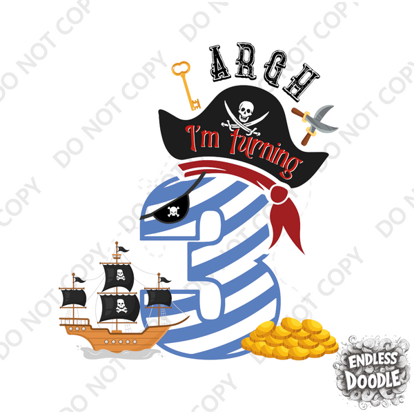 3rd Birthday Three Year Old - Turning 3 Pirate Kids DTF Transfer - Gift Do it Yourself Iron On Heat Press Shirt Any Material Long Lasting Full Colour