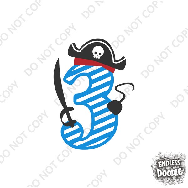 3rd Birthday Three Year Old - Pirate Kids DTF Transfer - Gift Do it Yourself Iron On Heat Press Shirt Any Material Long Lasting Full Colour