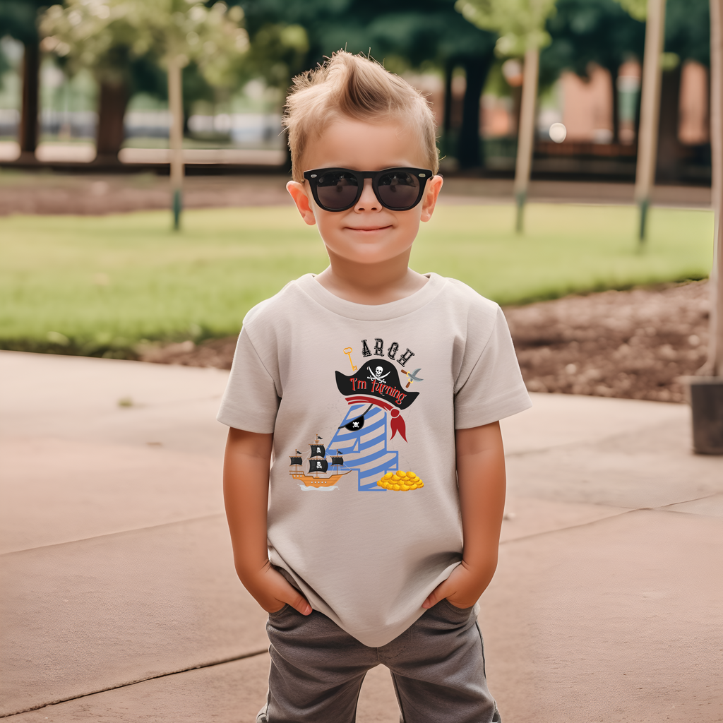4th Birthday Four Year Old - Turning 4 Pirate Kids DTF Transfer - Gift Do it Yourself Iron On Heat Press Shirt Any Material Long Lasting Full Colour