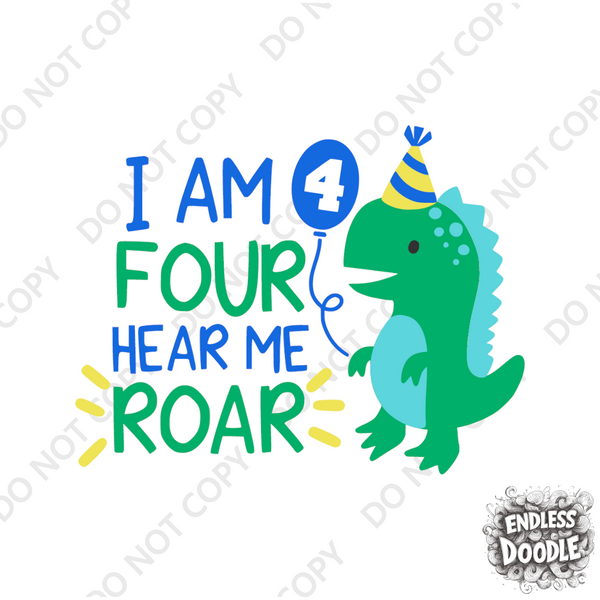 4th Birthday Boy Four Year Old - Dino Roar Kids DTF Transfer - Gift Do it Yourself Iron On Heat Press Shirt Any Material Long Lasting Full Colour