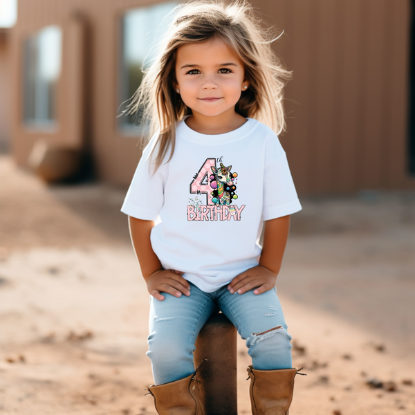 4th Birthday Girl Four Year Old - Giraffe Kids DTF Transfer - Gift Do it Yourself Iron On Heat Press Shirt Any Material Long Lasting Full Colour