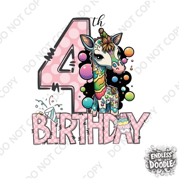 4th Birthday Girl Four Year Old - Giraffe Kids DTF Transfer - Gift Do it Yourself Iron On Heat Press Shirt Any Material Long Lasting Full Colour