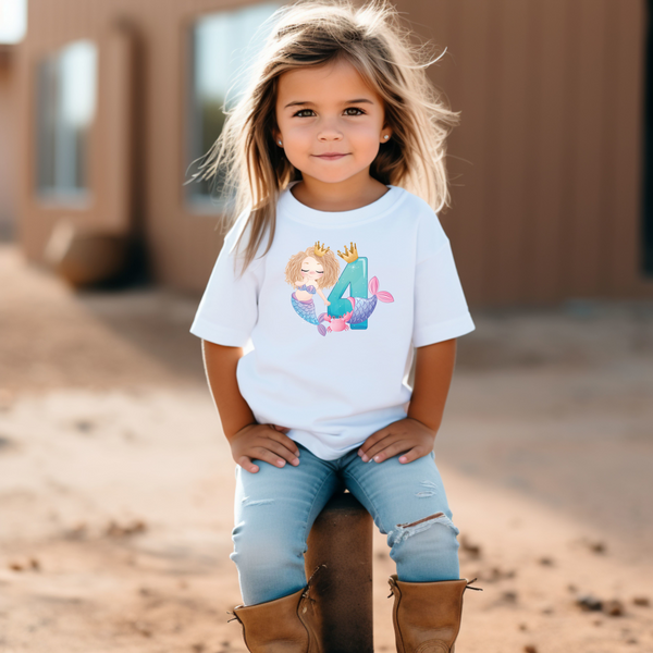 4th Birthday Girl Four Year Old - Mermaid Kids DTF Transfer - Gift Do it Yourself Iron On Heat Press Shirt Any Material Long Lasting Full Colour