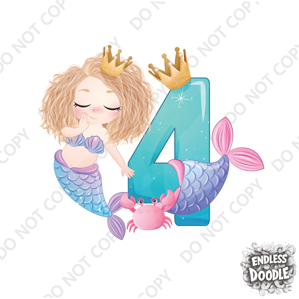 4th Birthday Girl Four Year Old - Mermaid Kids DTF Transfer - Gift Do it Yourself Iron On Heat Press Shirt Any Material Long Lasting Full Colour