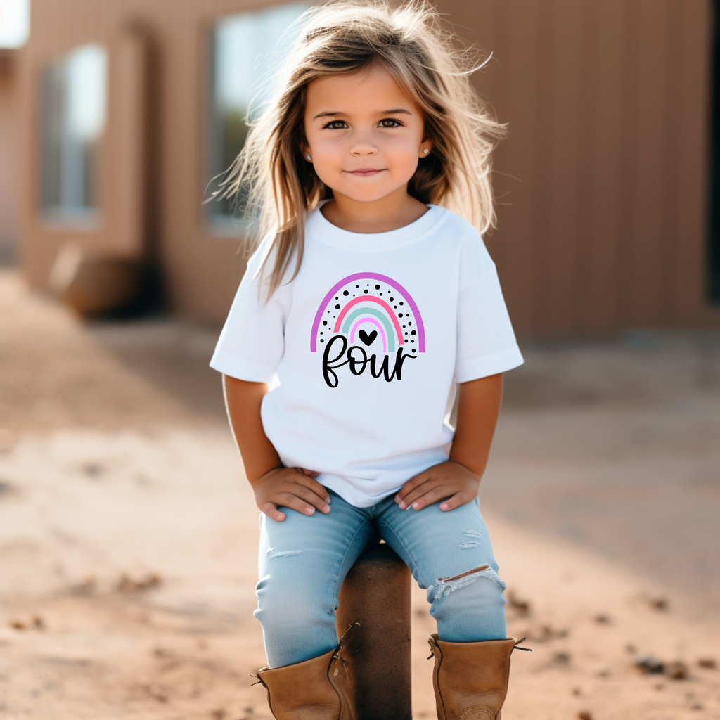 4th Birthday Girl Four Year Old - Rainbow Pink Purple Kids DTF Transfer - Gift Do it Yourself Iron On Heat Press Shirt Any Material Long Lasting Full Colour