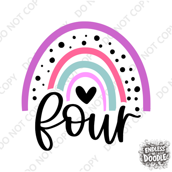 4th Birthday Girl Four Year Old - Rainbow Pink Purple Kids DTF Transfer - Gift Do it Yourself Iron On Heat Press Shirt Any Material Long Lasting Full Colour