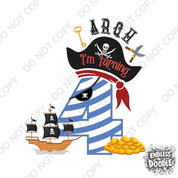 4th Birthday Four Year Old - Turning 4 Pirate Kids DTF Transfer - Gift Do it Yourself Iron On Heat Press Shirt Any Material Long Lasting Full Colour