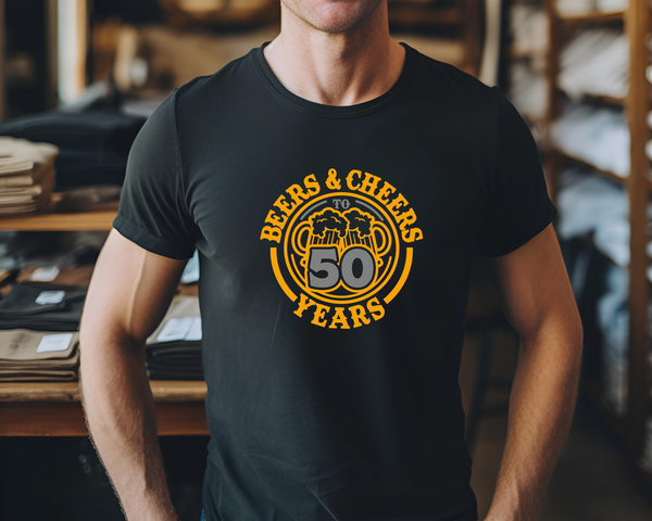 50th Birthday DTF Transfer - Cheers & Beers - Do it Yourself Iron On Heat Press Hot or Cold Peel T50 Birthday Shirt Any Material Long Lasting Full Colour