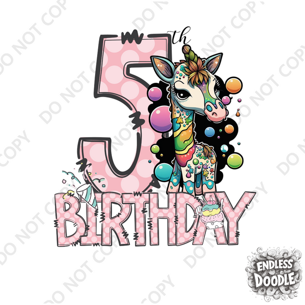 5th Birthday Girl Five Year Old - Giraffe Kids DTF Transfer - Gift Do it Yourself Iron On Heat Press Shirt Any Material Long Lasting Full Colour