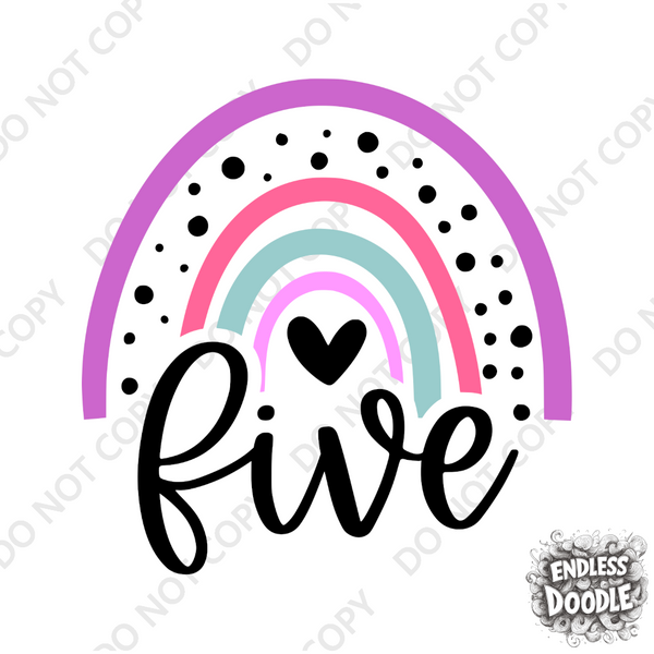 5th Birthday Girl Five Year Old - Rainbow Pink Purple Kids DTF Transfer - Gift Do it Yourself Iron On Heat Press Shirt Any Material Long Lasting Full Colour