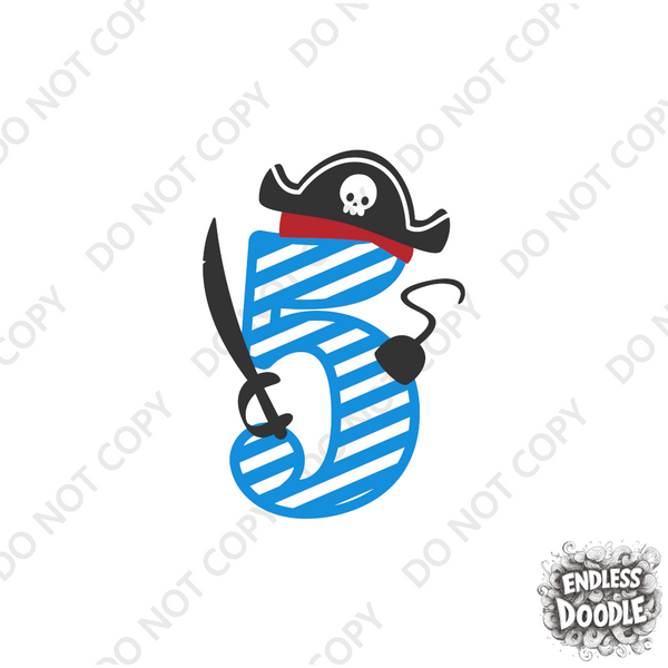 5th Birthday Five Year Old - Pirate Kids DTF Transfer - Gift Do it Yourself Iron On Heat Press Shirt Any Material Long Lasting Full Colour