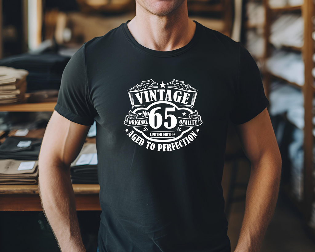 65th Birthday DTF Transfer - Vintage Badge 65 - Do it Yourself Iron On Heat Press 65 Birthday Shirt Any Material Long Lasting Full Colour