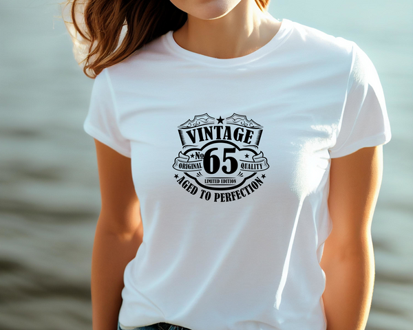 65th Birthday DTF Transfer - Vintage Badge 65 - Do it Yourself Iron On Heat Press 65 Birthday Shirt Any Material Long Lasting Full Colour