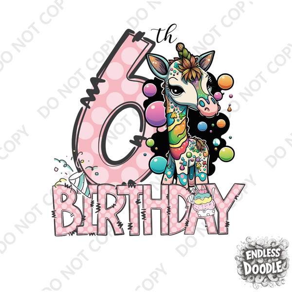 6th Birthday Girl Six Year Old - Giraffe Kids DTF Transfer - Gift Do it Yourself Iron On Heat Press Shirt Any Material Long Lasting Full Colour