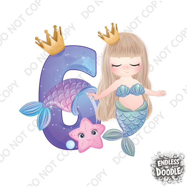 6th Birthday Girl Six Year Old - Mermaid Kids DTF Transfer - Gift Do it Yourself Iron On Heat Press Shirt Any Material Long Lasting Full Colour
