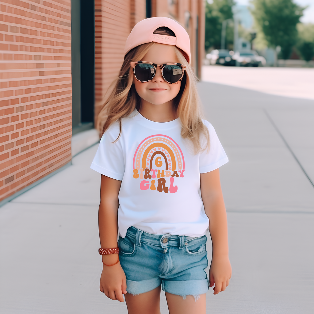 6th Birthday Girl Six Year Old - Dusky Pink Rainbow Kids DTF Transfer - Gift Do it Yourself Iron On Heat Press Shirt Any Material Long Lasting Full Colour