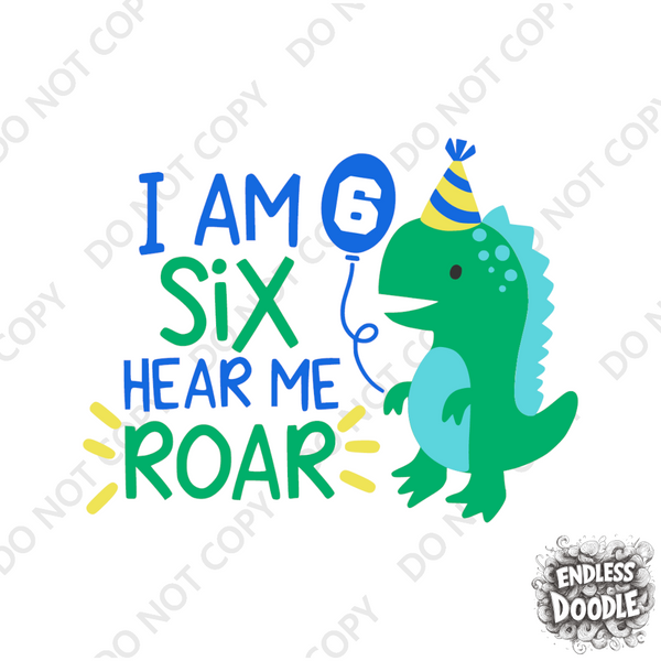 6th Birthday Boy Six Year Old - Dino Roar Kids DTF Transfer - Gift Do it Yourself Iron On Heat Press Shirt Any Material Long Lasting Full Colour