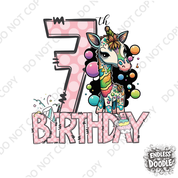 7th Birthday Girl Seven Year Old - Giraffe Kids DTF Transfer - Gift Do it Yourself Iron On Heat Press Shirt Any Material Long Lasting Full Colour