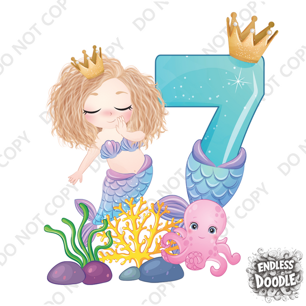 7th Birthday Girl Seven Year Old - Mermaid Kids DTF Transfer - Gift Do it Yourself Iron On Heat Press Shirt Any Material Long Lasting Full Colour