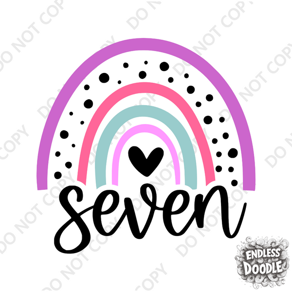 7th Birthday Girl Seven Year Old - Rainbow Pink Purple Kids DTF Transfer - Gift Do it Yourself Iron On Heat Press Shirt Any Material Long Lasting Full Colour