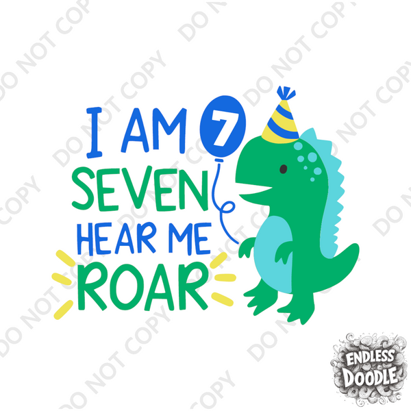 7th Birthday Boy Seven Year Old - Dino Roar Kids DTF Transfer - Gift Do it Yourself Iron On Heat Press Shirt Any Material Long Lasting Full Colour