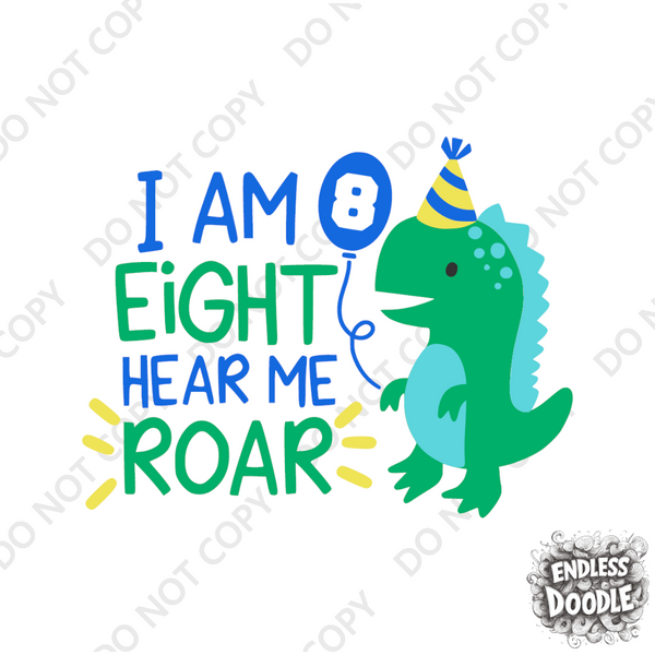 8th Birthday Boy EightYear Old - Dino Roar Kids DTF Transfer - Gift Do it Yourself Iron On Heat Press Shirt Any Material Long Lasting Full Colour