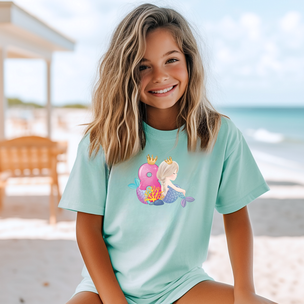 8th Birthday Girl Eight Year Old - Mermaid Kids DTF Transfer - Gift Do it Yourself Iron On Heat Press Shirt Any Material Long Lasting Full Colour