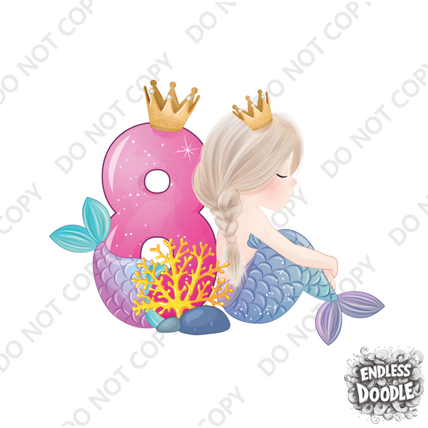 8th Birthday Girl Eight Year Old - Mermaid Kids DTF Transfer - Gift Do it Yourself Iron On Heat Press Shirt Any Material Long Lasting Full Colour