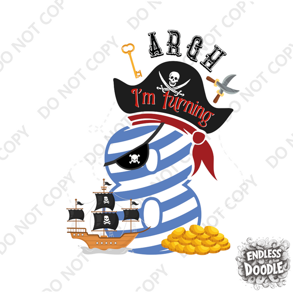 8th Birthday Eight Year Old - Turning 8 Pirate Kids DTF Transfer - Gift Do it Yourself Iron On Heat Press Shirt Any Material Long Lasting Full Colour