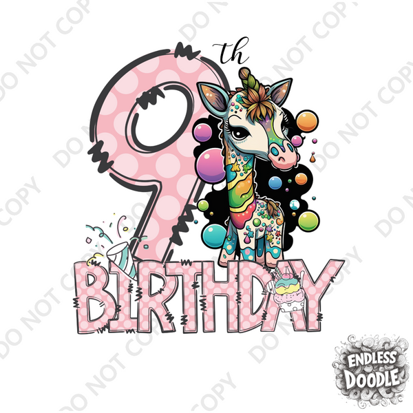 9th Birthday Girl Nine Year Old - Giraffe Kids DTF Transfer - Gift Do it Yourself Iron On Heat Press Shirt Any Material Long Lasting Full Colour (Copy)