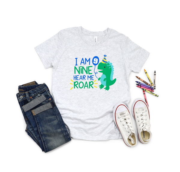 9th Birthday Boy Nine Year Old - Dino Roar Kids DTF Transfer - Gift Do it Yourself Iron On Heat Press Shirt Any Material Long Lasting Full Colour