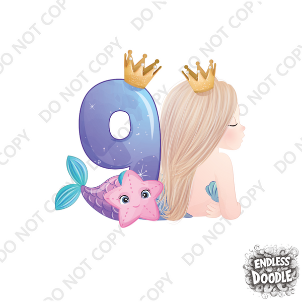 9th Birthday Girl Nine Year Old - Mermaid Kids DTF Transfer - Gift Do it Yourself Iron On Heat Press Shirt Any Material Long Lasting Full Colour