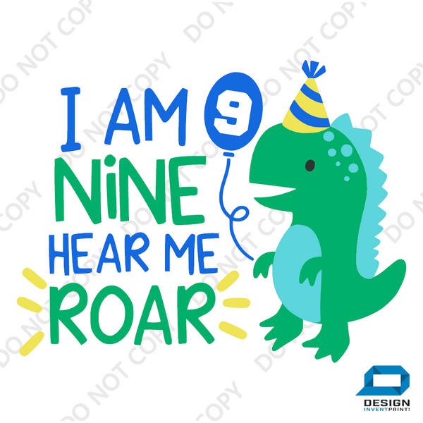 9th Birthday Boy Nine Year Old - Dino Roar Kids DTF Transfer - Gift Do it Yourself Iron On Heat Press Shirt Any Material Long Lasting Full Colour