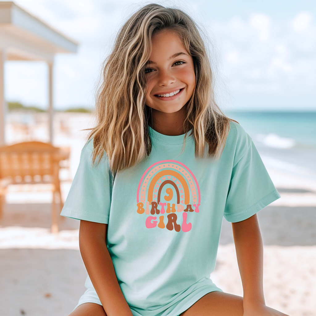 9th Birthday Girl Nine Year Old - Dusky Pink Rainbow Kids DTF Transfer - Gift Do it Yourself Iron On Heat Press Shirt Any Material Long Lasting Full Colour