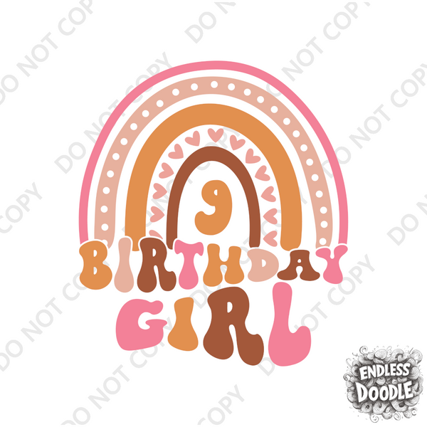 9th Birthday Girl Nine Year Old - Dusky Pink Rainbow Kids DTF Transfer - Gift Do it Yourself Iron On Heat Press Shirt Any Material Long Lasting Full Colour