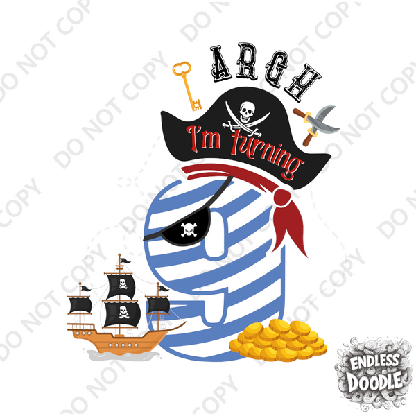 9th Birthday Nine Year Old - Turning 9 Pirate Kids DTF Transfer - Gift Do it Yourself Iron On Heat Press Shirt Any Material Long Lasting Full Colour