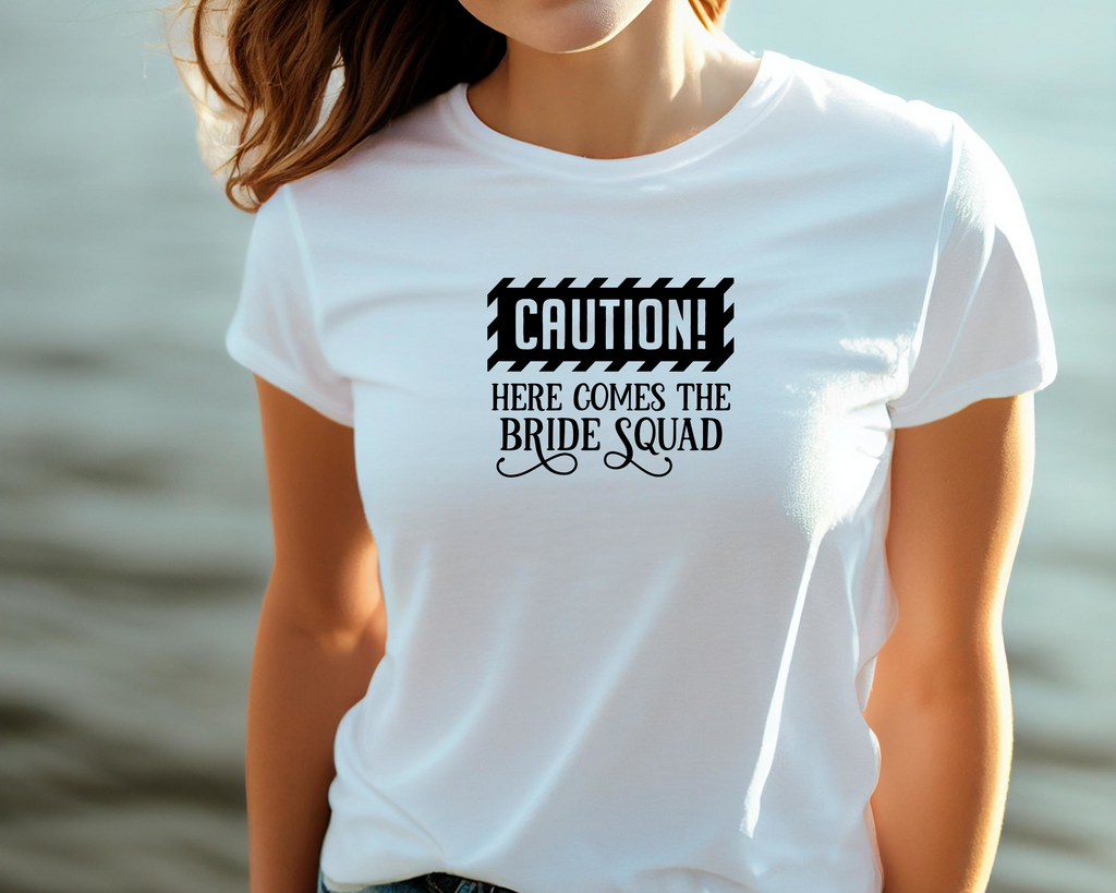 Wedding Hen Do Party DTF Transfer - Caution Bride Squad - Do it Yourself Iron On Heat Press Hot or Cold Peel Shirt Any Material Long Lasting Full Colour